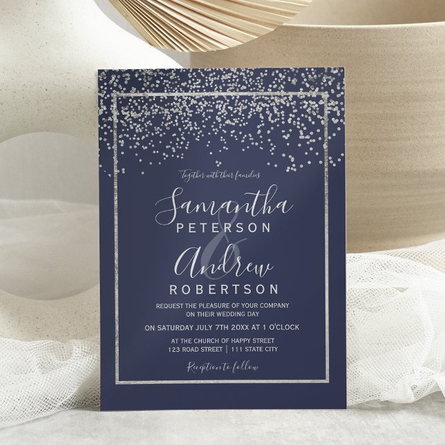 Silver confetti navy blue typography wedding invitation (Creator Uploaded)