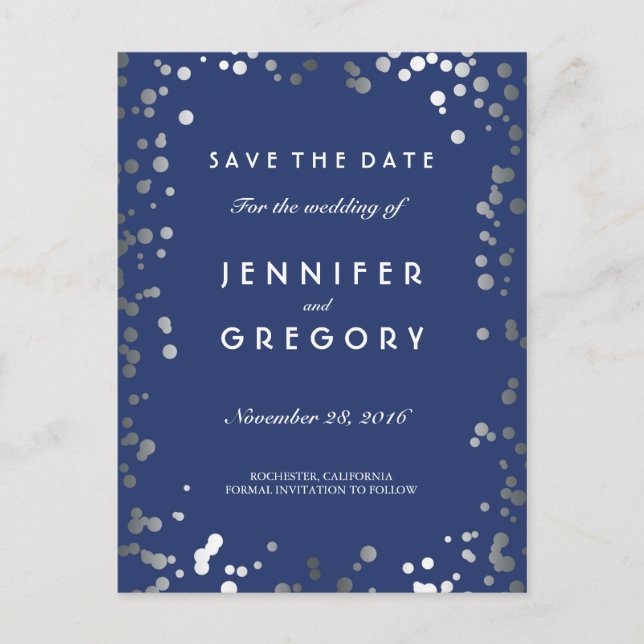 Silver Confetti Navy Elegant Save the Date Announcement Postcard (Front)