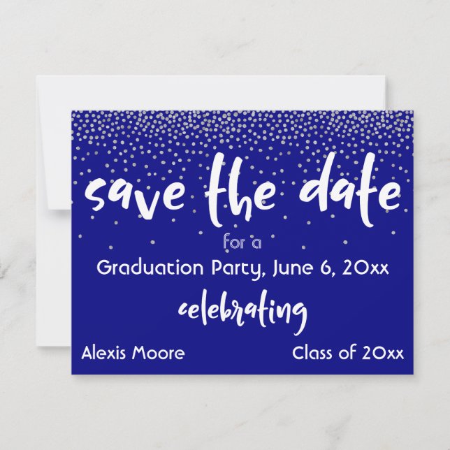 Silver Confetti Navy Graduation Party Save Date Announcement (Front)