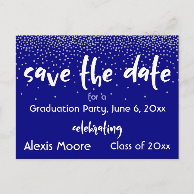 Silver Confetti Navy Graduation Party Save Date Announcement Postcard (Front)