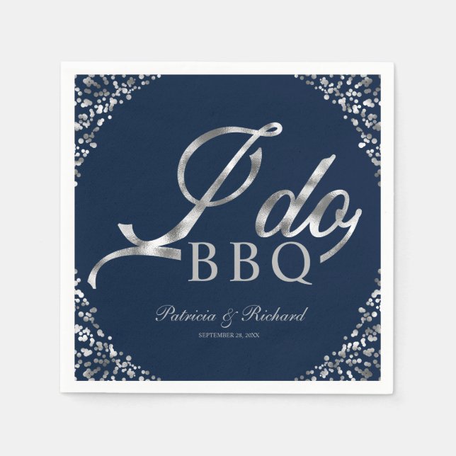 Silver Confetti Navy I Do BBQ Engagement Party Napkin (Front)