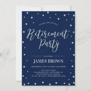 Silver Confetti & Navy   Modern Retirement Party Invitation