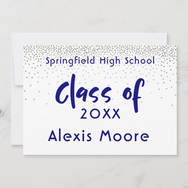 Silver Confetti, Navy Typography Grad Announcement (Front)