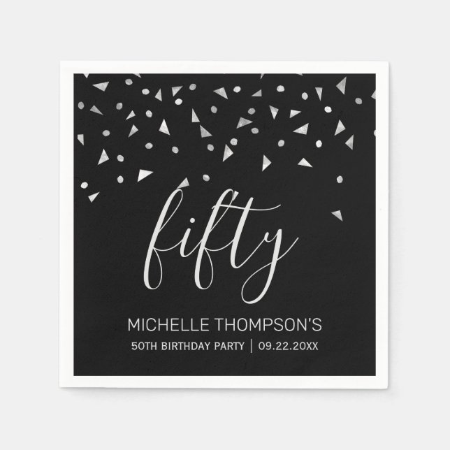 Silver Confetti on Black 50th Birthday Party Napkin (Front)