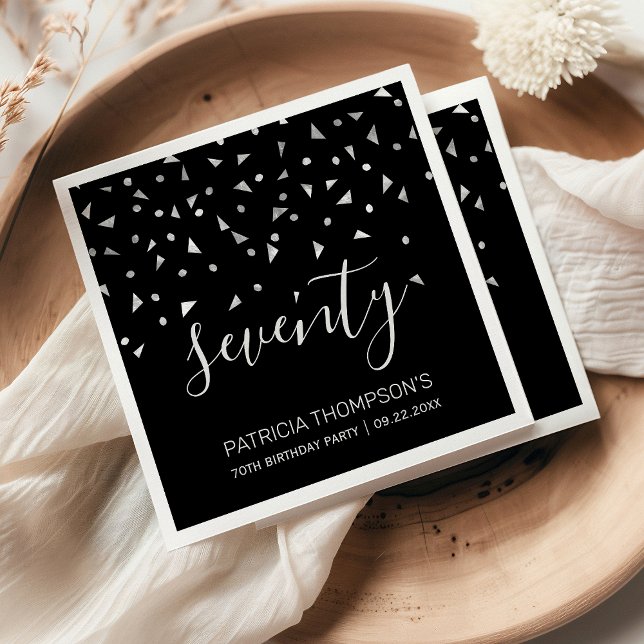 Silver Confetti on Black 70th Birthday Party Napkin (Creator Uploaded)