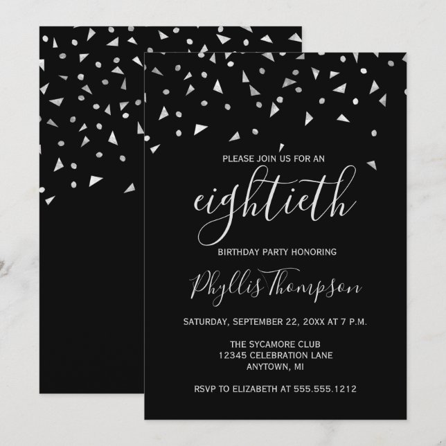 Silver Confetti on Black 80th Birthday Party Invitation (Front/Back)