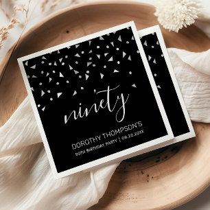 Silver Confetti on Black 90th Birthday Party Napkin