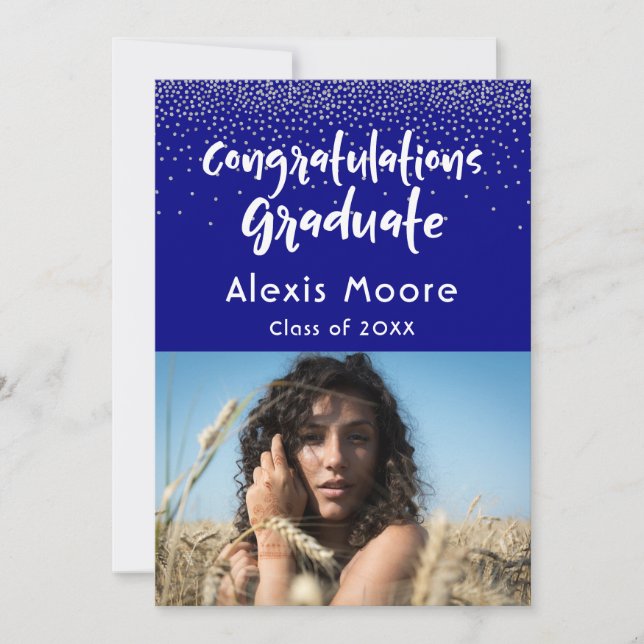 Silver Confetti on Navy, Photo Grad Announcement (Front)