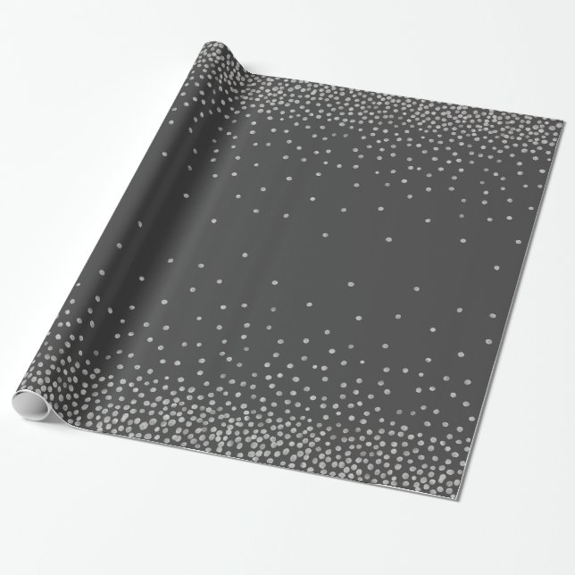 Silver Confetti Over Dark Grey Holiday Style Wrapping Paper (Unrolled)