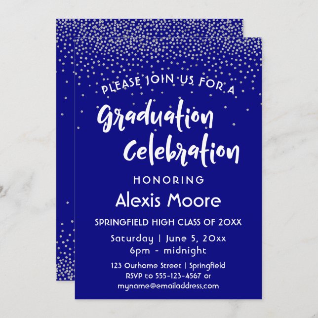 Silver Confetti Over Navy, Graduation Party Invitation (Front/Back)