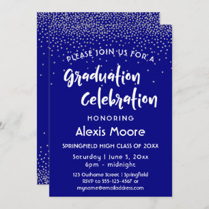 Silver Confetti Over Navy, Graduation Party Invitation