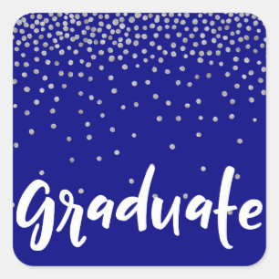 Silver Confetti Over Navy Modern "Graduation" Type Square Sticker