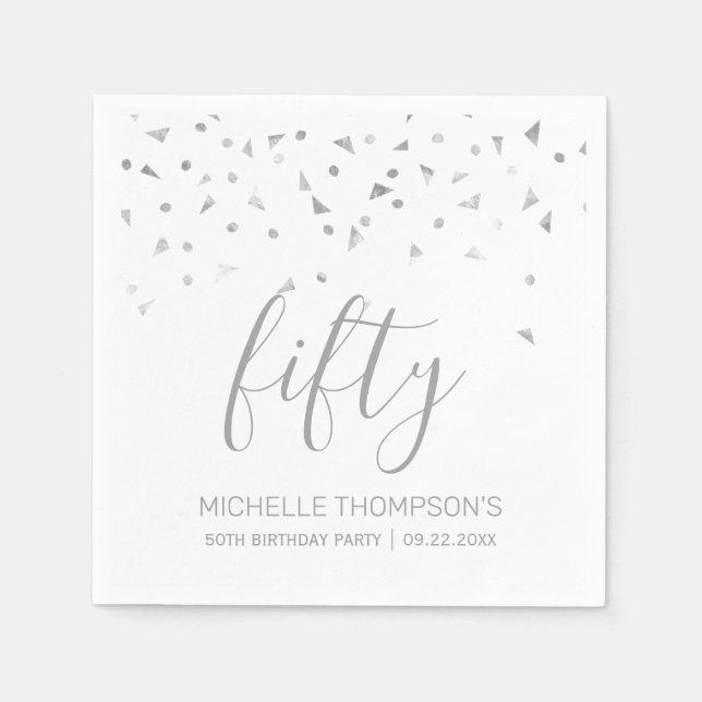 Silver Confetti Personalised 50th Birthday Party Napkin (Front)