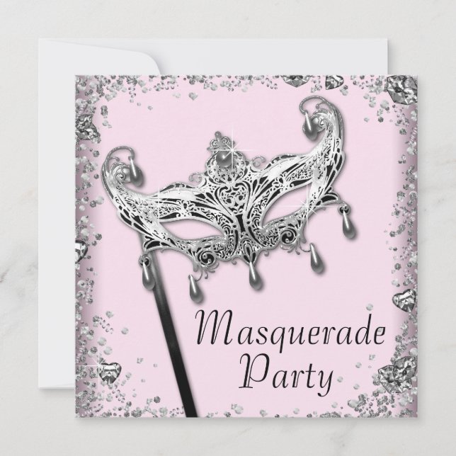 Silver Confetti Pink Black Masquerade Party Invitation (Front)
