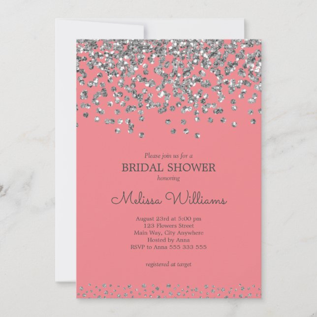 Silver Confetti Pink Elegant Modern Bridal Shower Invitation (Front)