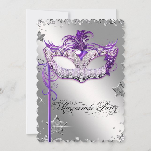 Silver Confetti Purple Masquerade Party Invitation (Front)