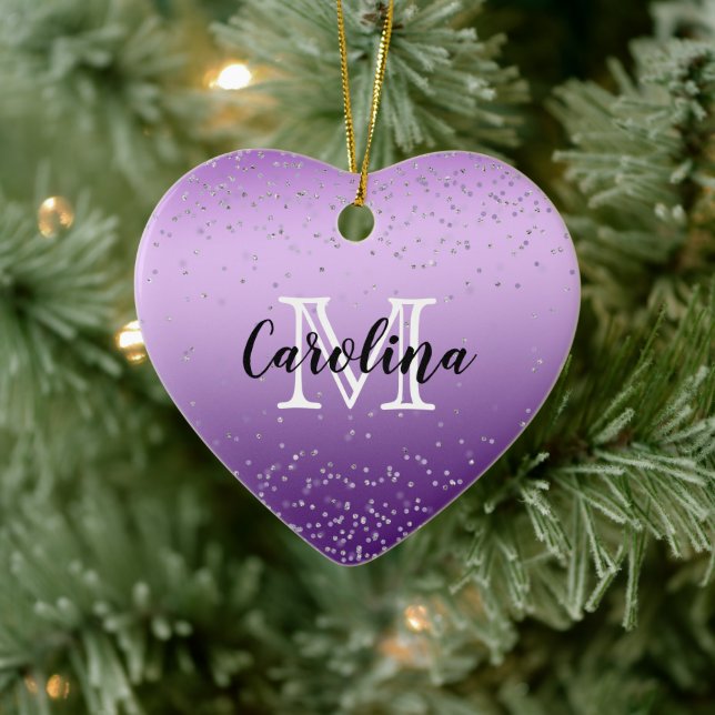 Silver Confetti Purple Ombre monogram Ceramic Ornament (Tree)