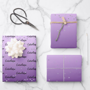 Silver Confetti Purple Ombre name Wrapping Paper Sheet