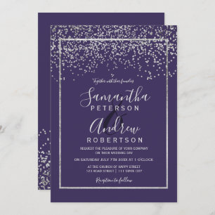 Silver confetti purple typography wedding invitation