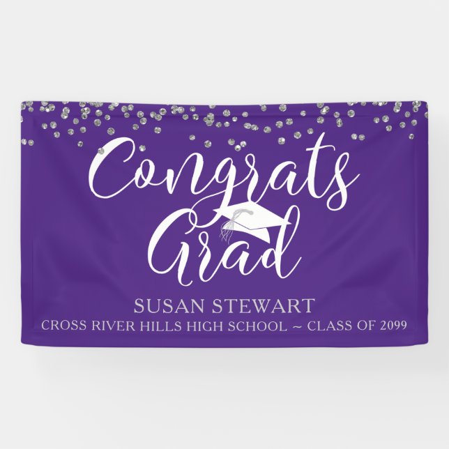 Silver Confetti Script CONGRATS GRAD Purple Banner (Horizontal)
