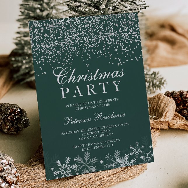 Silver confetti snowflakes dark green Christmas Invitation (Silver confetti snowflakes dark green Christmas Invitation)