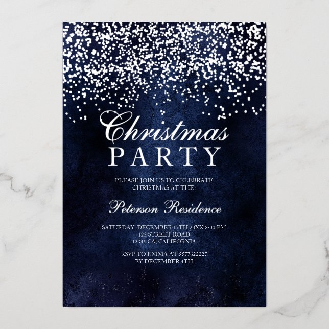 Silver confetti snowflakes navy blue Christmas Foil Holiday Card (Front)