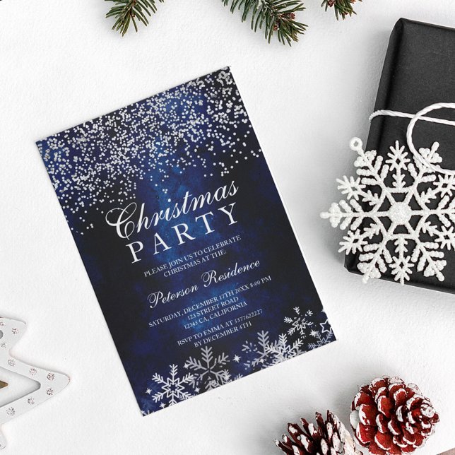 Silver confetti snowflakes navy blue Christmas Invitation (Creator Uploaded)