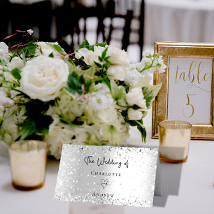 Silver confetti wedding names place card