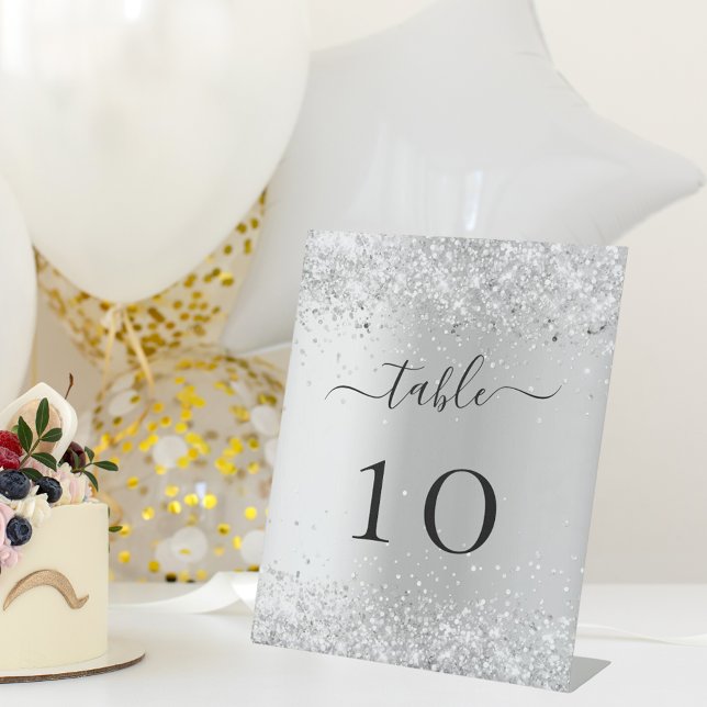Silver confetti wedding table number pedestal sign (Creator Uploaded)