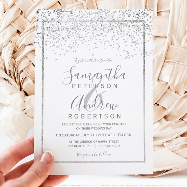 Silver confetti white typography wedding invitation (Creator Uploaded)