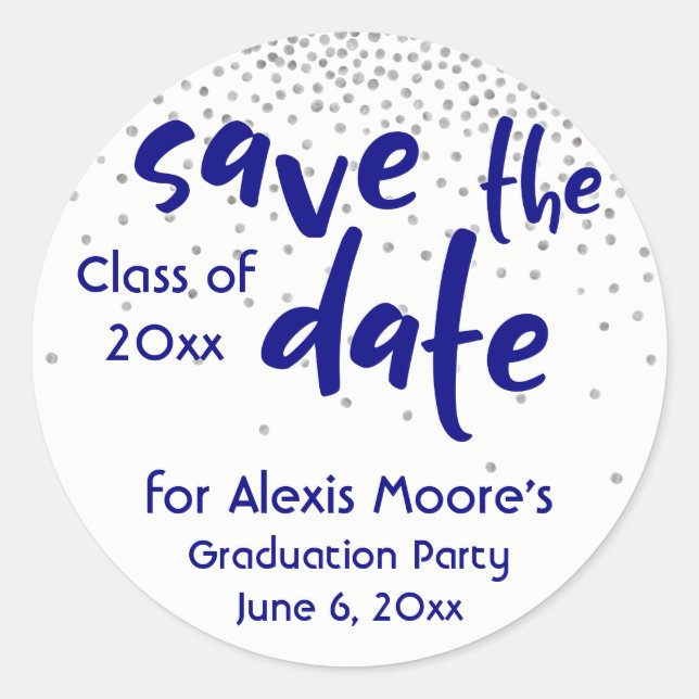 Silver Confetti with Navy: Modern "Save the Date" Classic Round Sticker (Front)