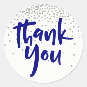 Silver Confetti with Navy: Modern "Thank You" Type Classic Round Sticker