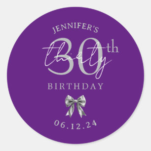 Silver Coquette Bow 30th Birthday Party Purple Classic Round Sticker