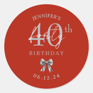 Silver Coquette Bow 40th Birthday Party Red  Classic Round Sticker
