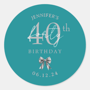 Silver Coquette Bow 40th Birthday Party Turquoise Classic Round Sticker
