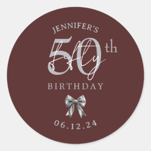 Silver Coquette Bow 50th Birthday Party Burgundy Classic Round Sticker