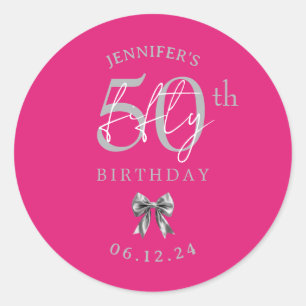 Silver Coquette Bow 50th Birthday Party Hot Pink Classic Round Sticker