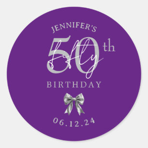 Silver Coquette Bow 50th Birthday Party Purple Classic Round Sticker