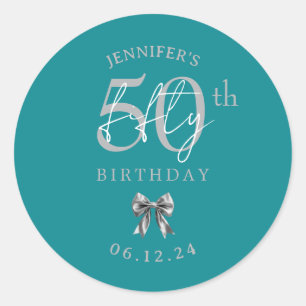Silver Coquette Bow 50th Birthday Party Turquoise Classic Round Sticker