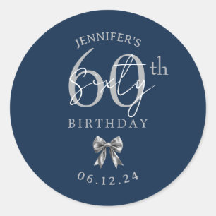 Silver Coquette Bow 60th Birthday Party Navy Blue Classic Round Sticker