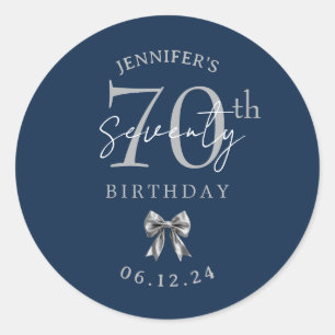Silver Coquette Bow 70th Birthday Party Navy Blue  Classic Round Sticker