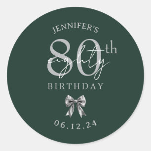 Silver Coquette Bow 80th Birthday Party Green Classic Round Sticker