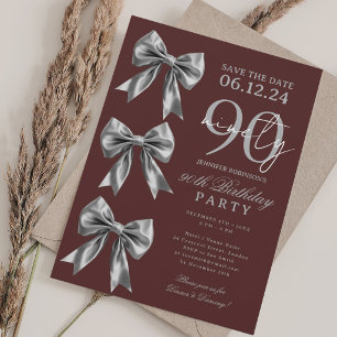 Silver Coquette Bow 90th Birthday Burgundy Invitation