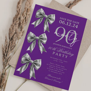 Silver Coquette Bow 90th Birthday Purple Invitation
