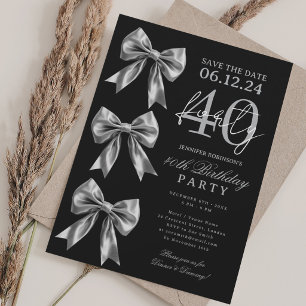 Silver Coquette Bow Save Date 40th Birthday Black Invitation