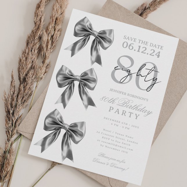 Silver Coquette Bow Save Date 80th Birthday Party Invitation (Silver Coquette Bow Save Date 80th Birthday Party Invitation)
