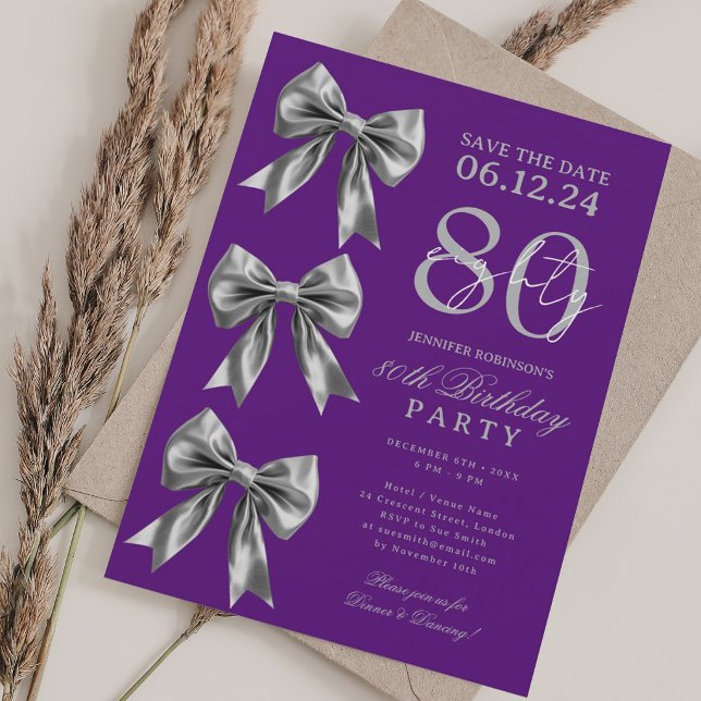 Silver Coquette Bow Save Date 80th Birthday Purple Invitation (Silver Coquette Bow Save Date 80th Birthday Purple Invitation)