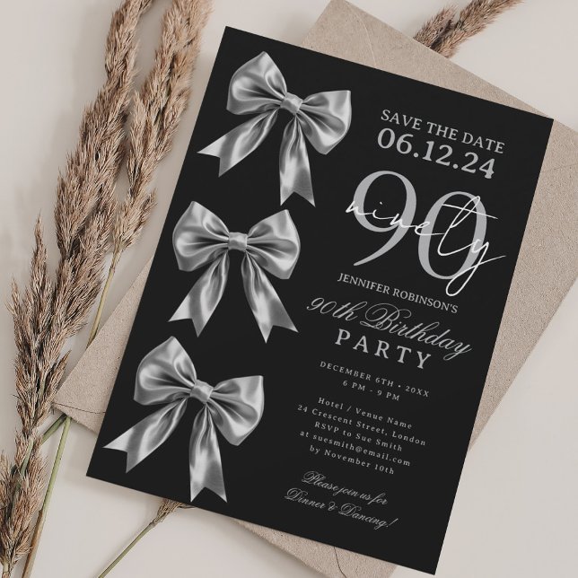 Silver Coquette Bow Save Date 90th Birthday Black Invitation (Silver Coquette Bow Save Date 90th Birthday Black Invitation)