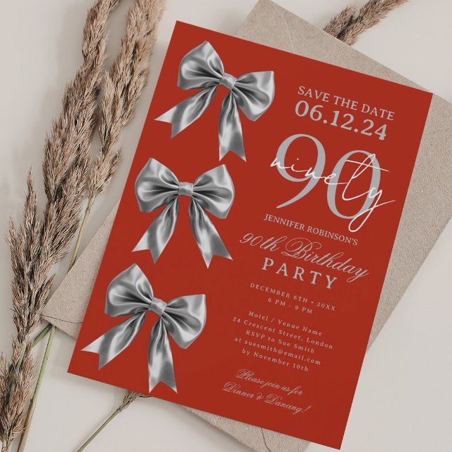 Silver Coquette Bow Save Date 90th Birthday Red Invitation (Silver Coquette Bow Save Date 90th Birthday Red Invitation)