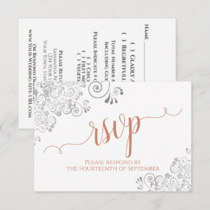 Silver & Coral on White Elegant Script Wedding RSVP Card